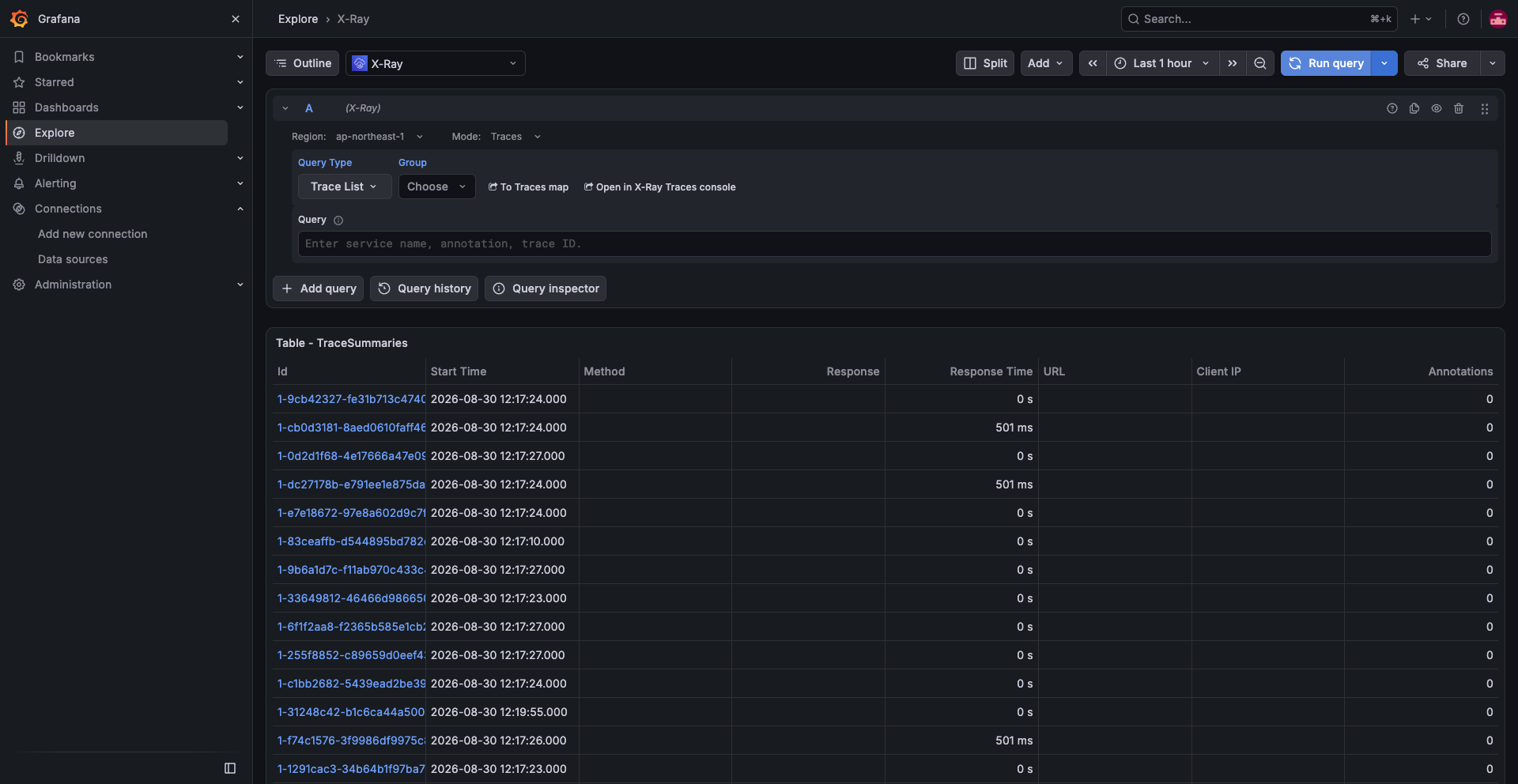Grafana Trace List showing 19 traces, with 501 ms and 0 s mixed in the Response Time column